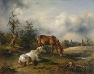 Dos caballos (un tordo y un alazán) en el prado